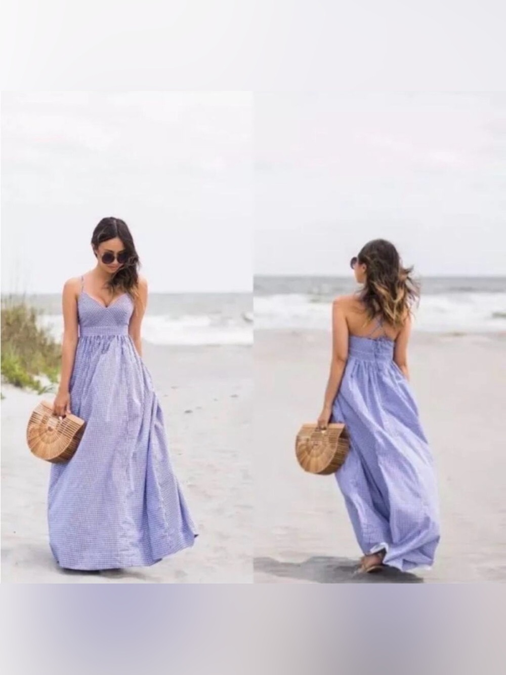 J.Crew Gingham Long Spaghetti-Strap Maxi Dress Navy Blue White Pockets 10 - Picture 7 of 16